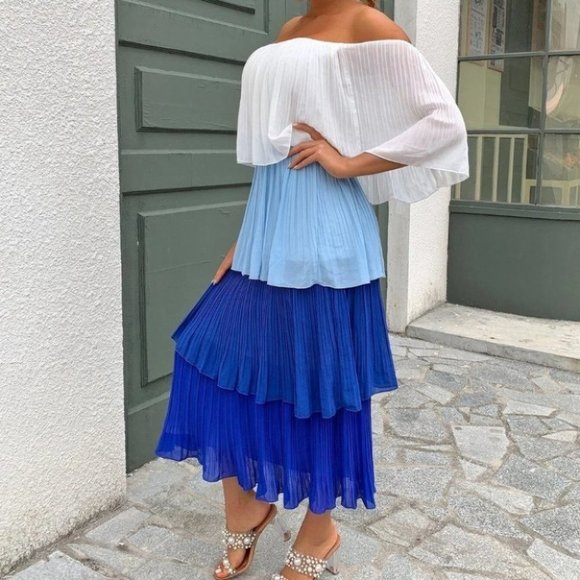 Chic Chiffon layered Pleated Flounce off shoulder Maxi Dress - Picture 5 of 6